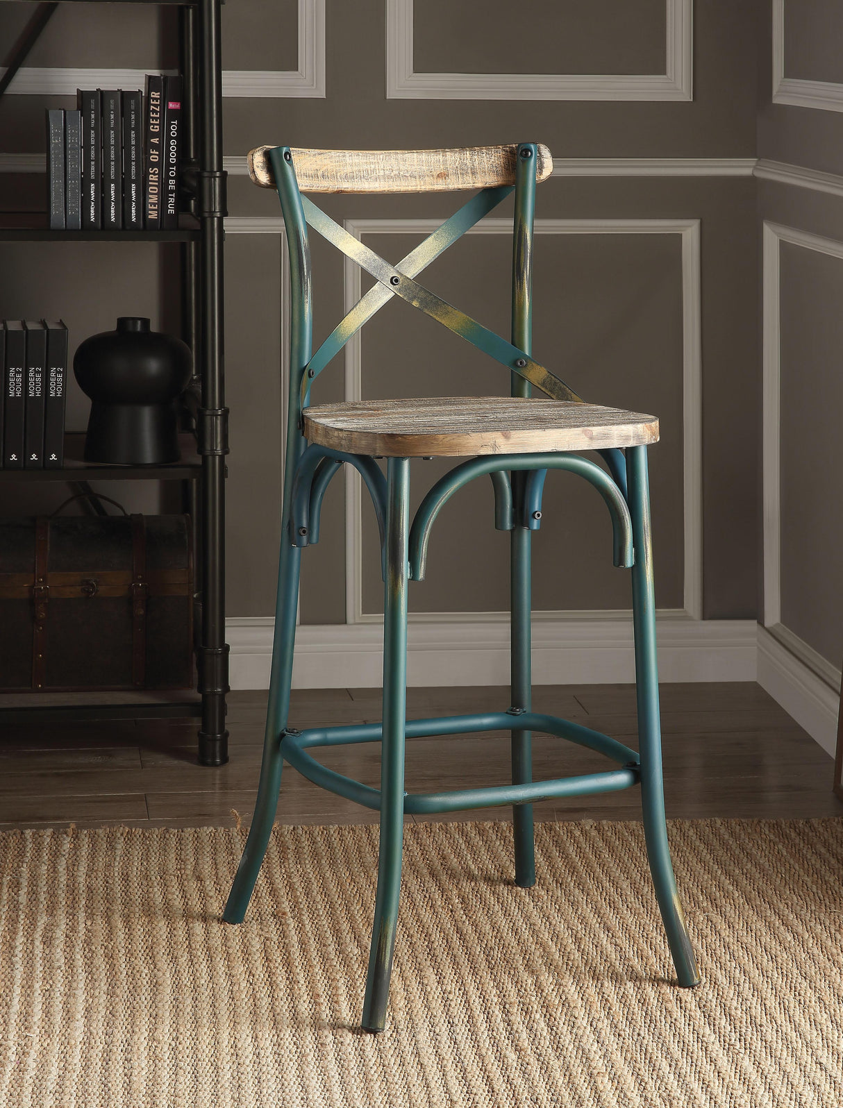 Zaire Antique Turquoise & Antique Oak Bar Chair (1Pc) - Furniture World