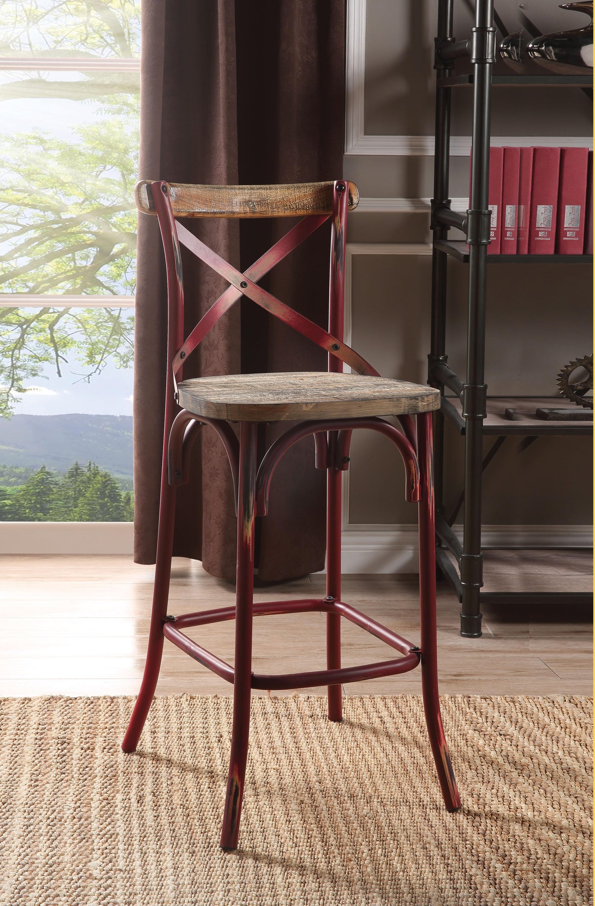 Zaire Antique Red & Antique Oak Bar Chair (1Pc) - Furniture World