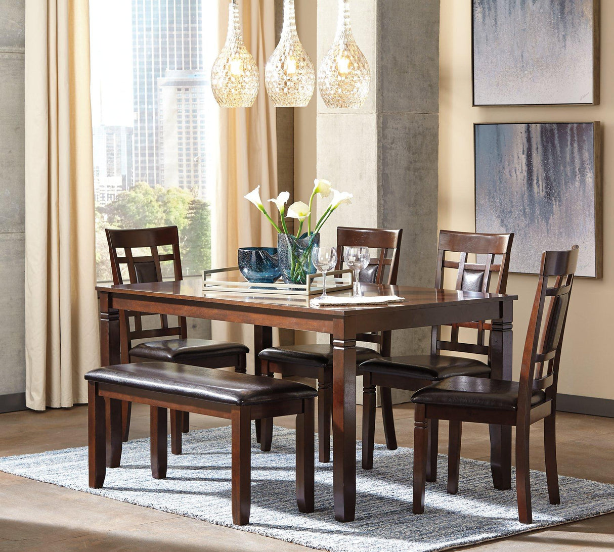 Bennox Dining Table and Chairs with Bench (Set of 6) - Furniture World