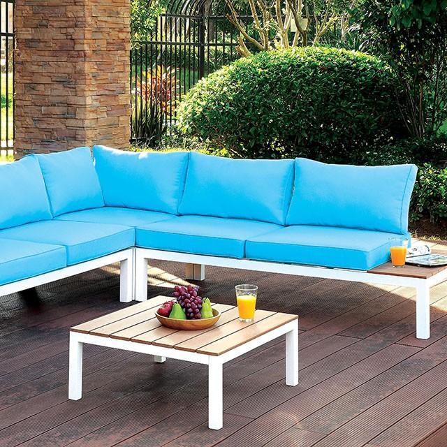WINONA White/Oak/Blue Patio Sectional w/ Table - Furniture World