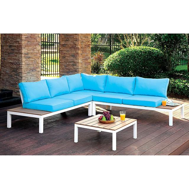 WINONA White/Oak/Blue Patio Sectional w/ Table - Furniture World