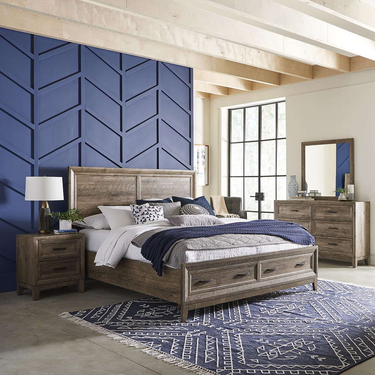 Ridgecrest Queen Storage Bed, Dresser & Mirror, Nightstand - Furniture World