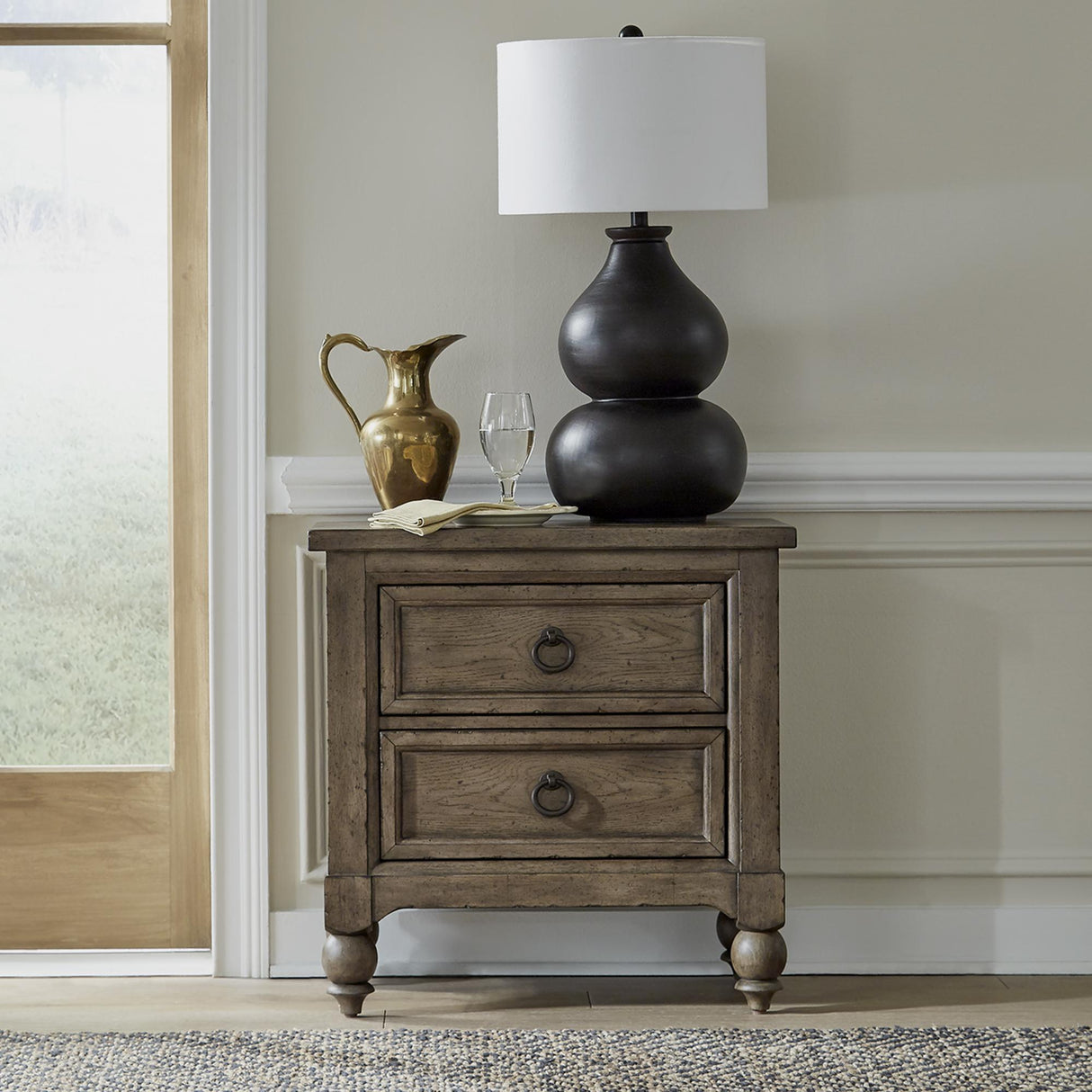 Americana Farmhouse 2 Drawer Nightstand w/ Charging Station - Black - Furniture World