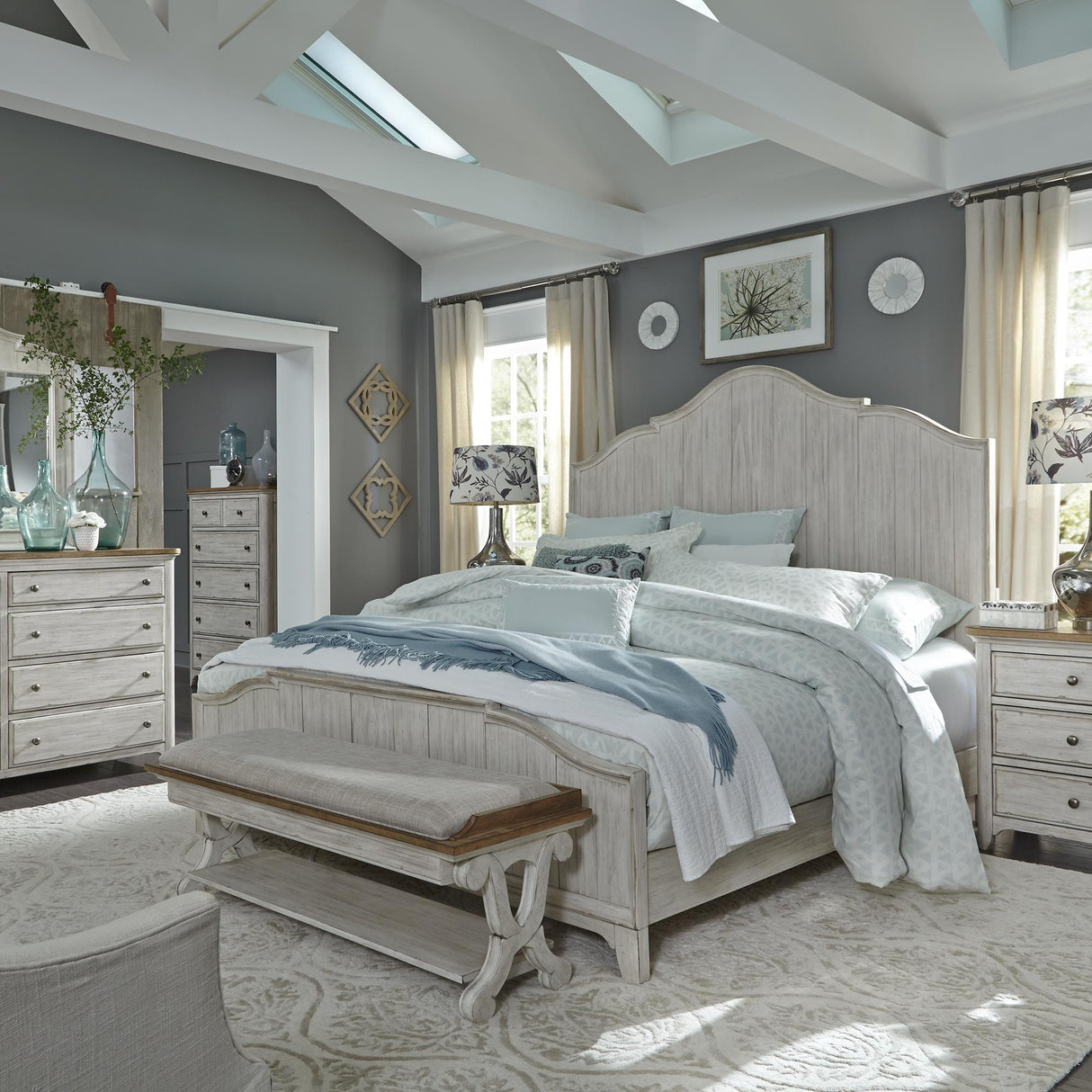 Farmhouse Reimagined King California Panel Bed, Dresser & Mirror, Chest, Nightstand - Furniture World