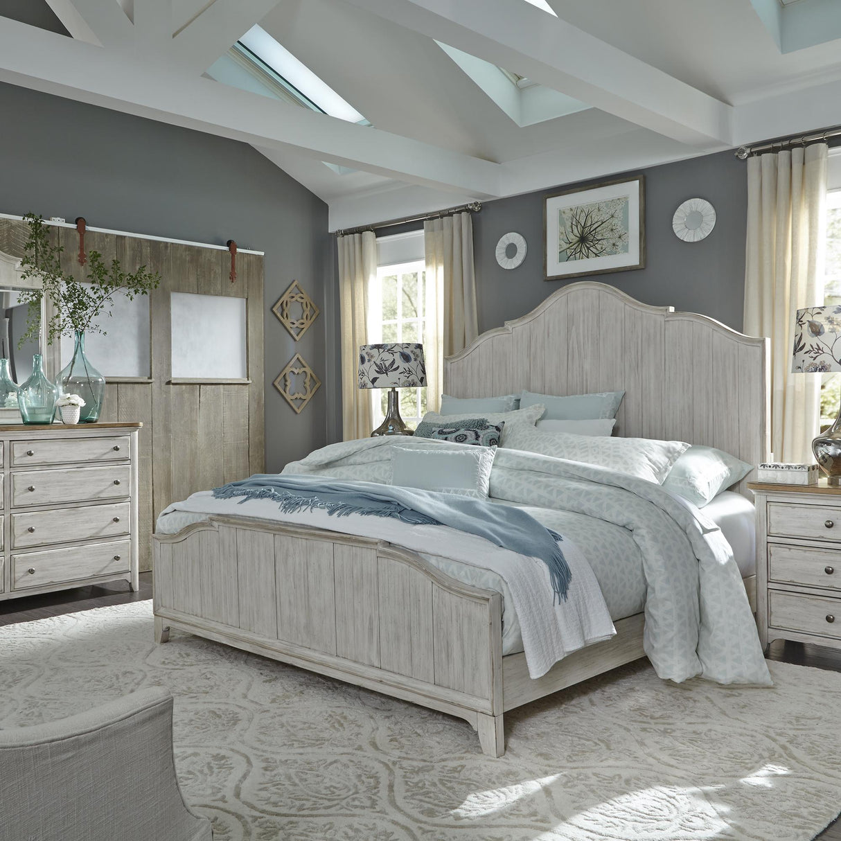 Farmhouse Reimagined King Panel Bed, Dresser & Mirror, Nightstand - Furniture World