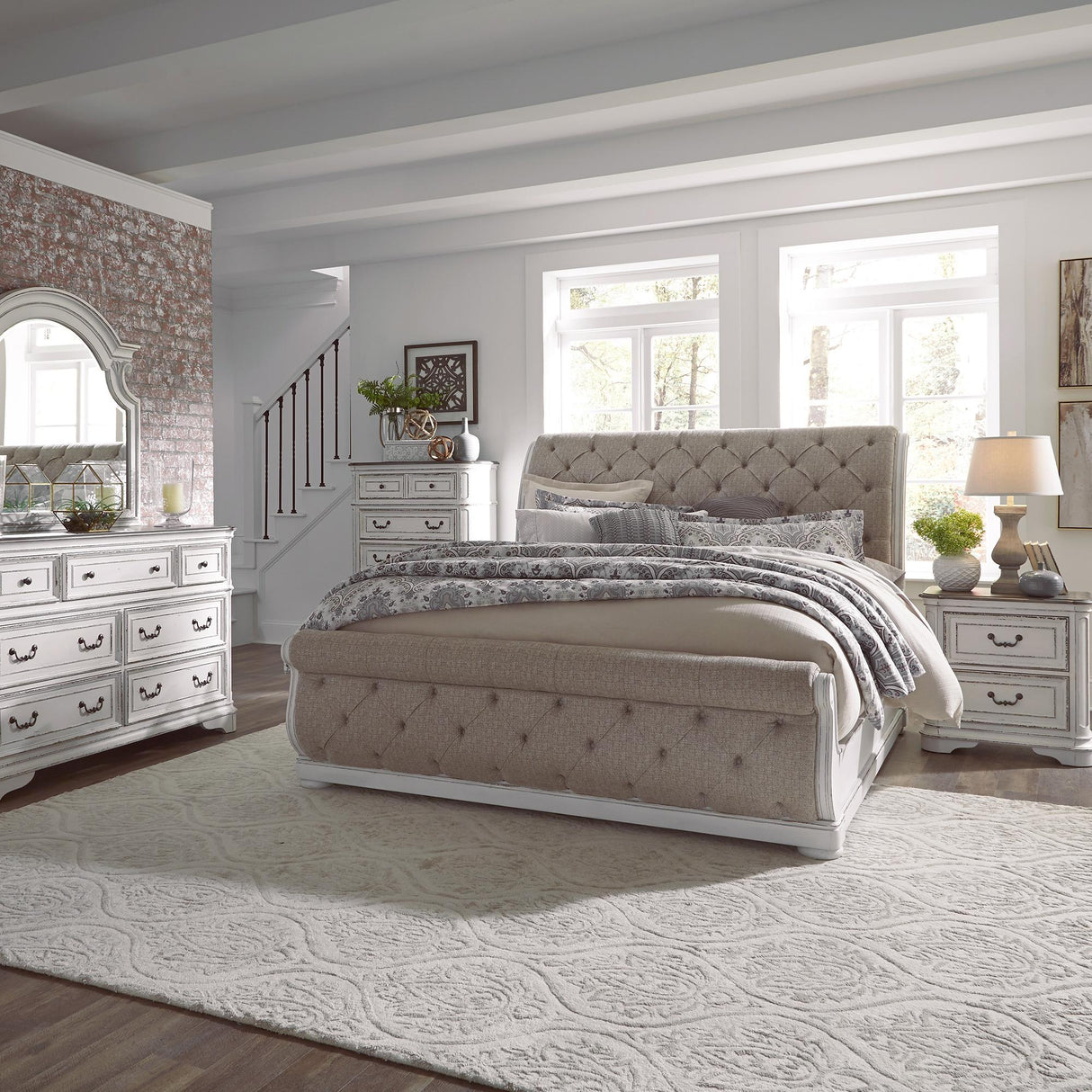Magnolia Manor King California Upholstered Sleigh Bed, Dresser & Mirror, Chest, Nightstand - Furniture World