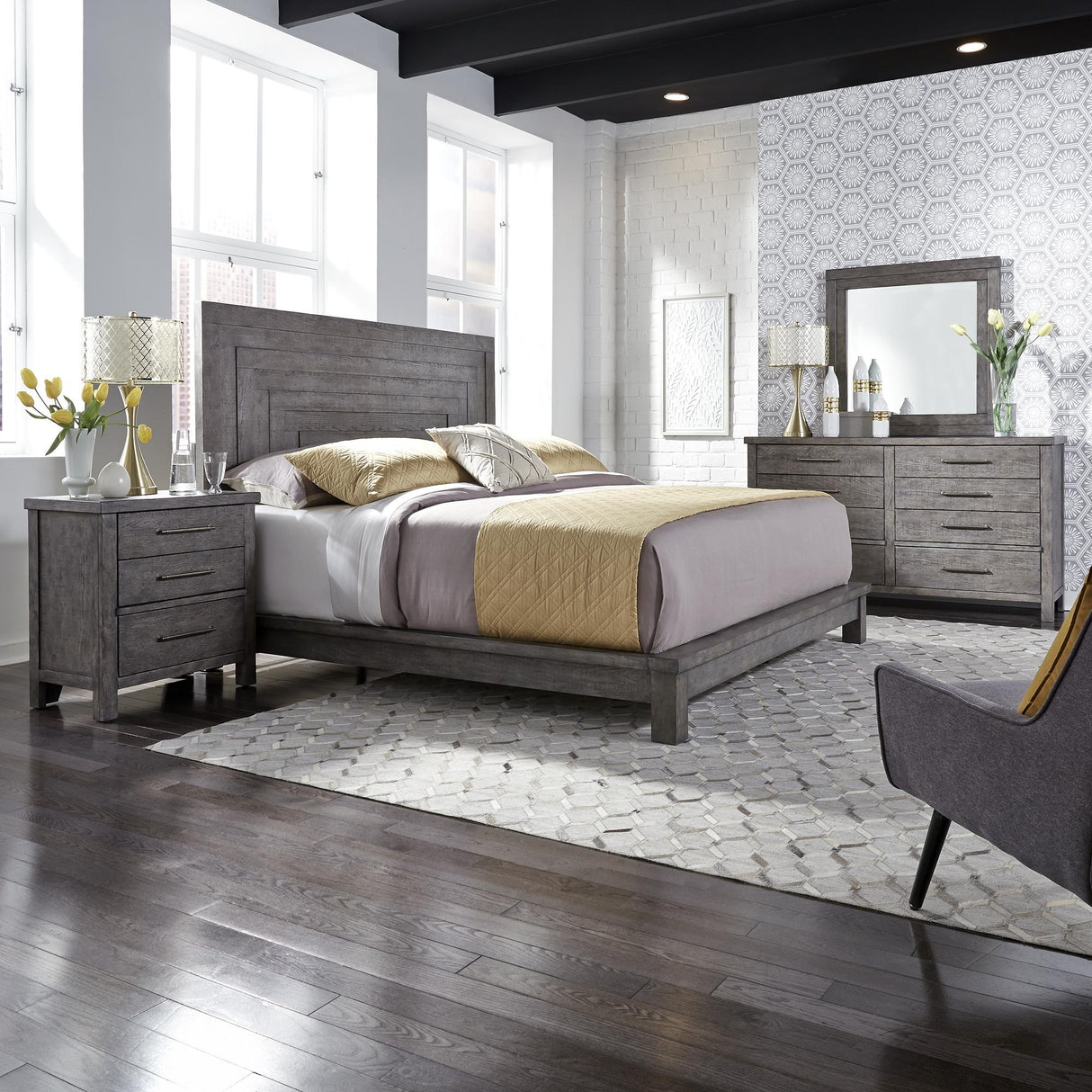 Modern Farmhouse Queen Platform Bed, Dresser & Mirror, Night Stand - Furniture World