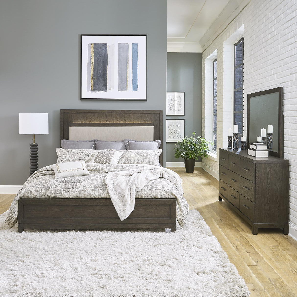 Modern Mix King Uph Bed, Dresser & Mirror - Furniture World
