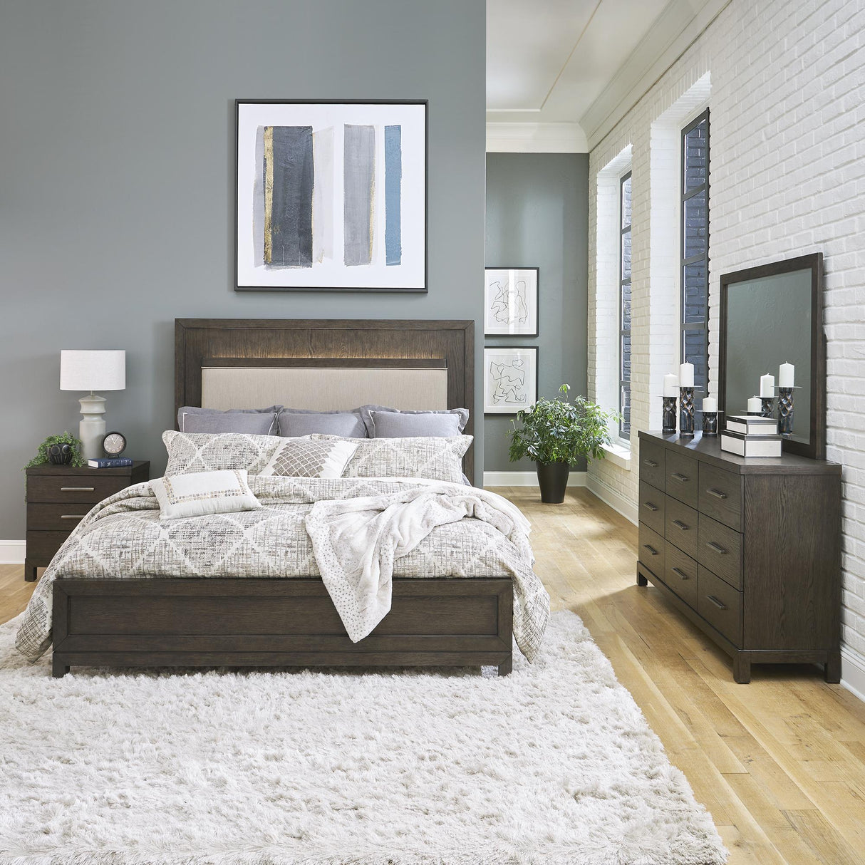 Modern Mix Queen Uph Bed, Dresser & Mirror, Nightstand - Furniture World