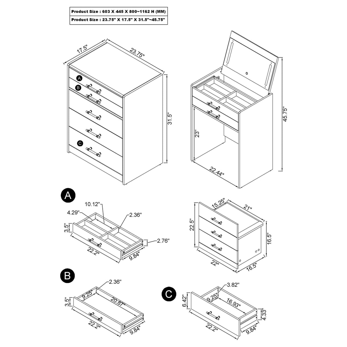 Danbury Makeup Vanity Table with LED Mirror and Stool