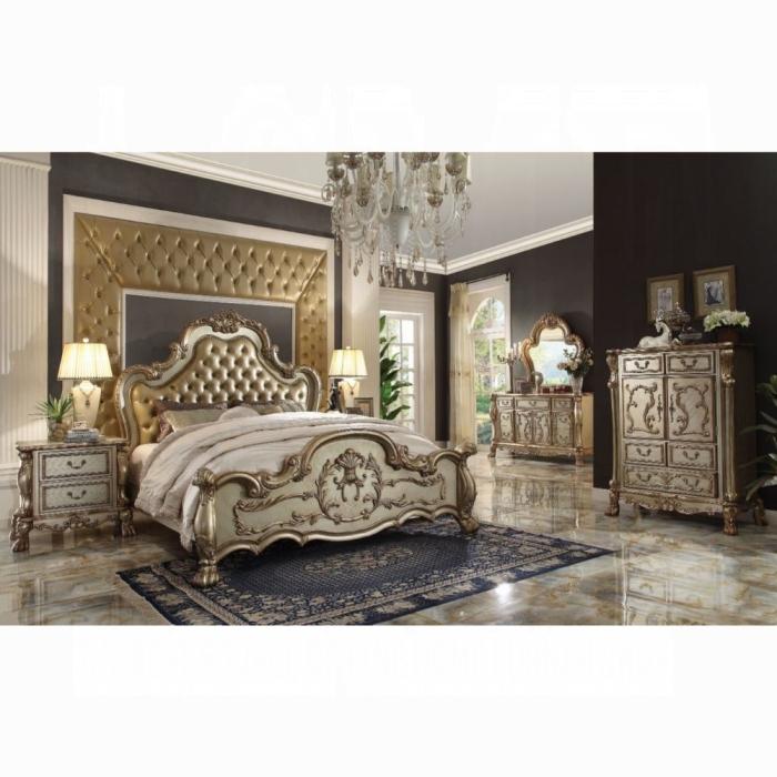 Dresden Bone PU & Gold Patina Queen Bed - Furniture World