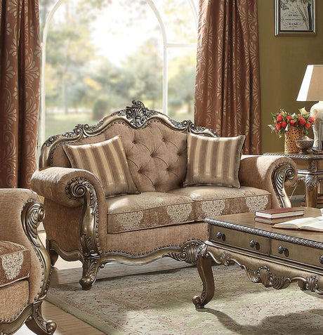 Acme Ragenardus Loveseat with 2 Pillows in Fabric & Vintage Oak 56031 - Furniture World