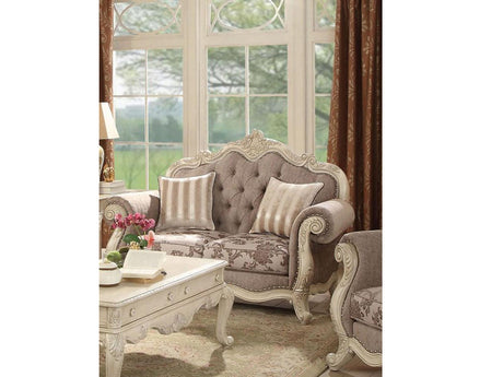 Acme Ragenardus Loveseat with 2 Pillows in Gray Fabric & Antique White 56021 - Furniture World