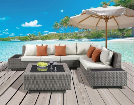 Acme Salena Patio Sectional with Cocktail Table in Beige Fabric & Gray Wicker 45020 - Furniture World