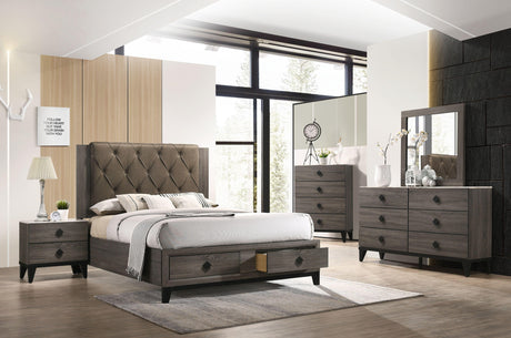 Avantika Fabric & Rustic Gray Oak Eastern King Bed (Storage) - Furniture World