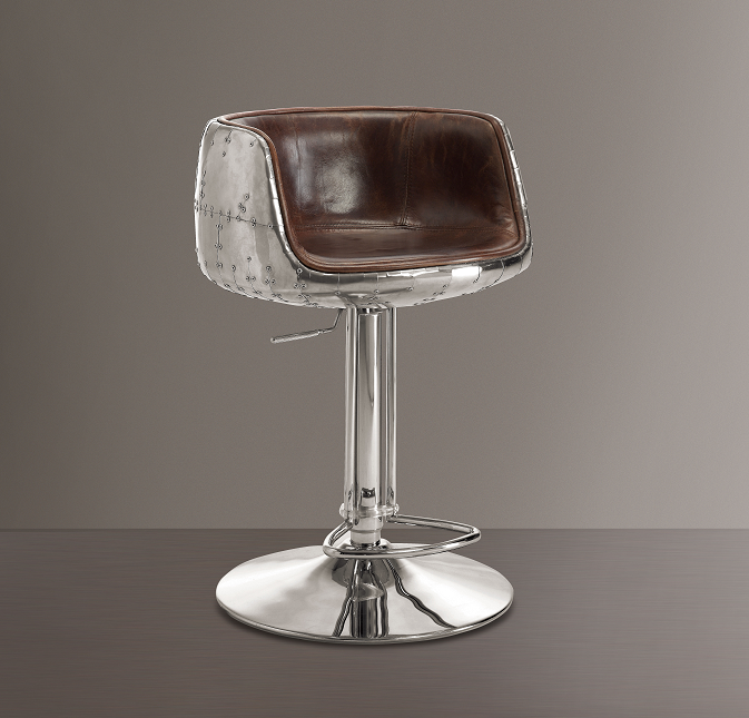 Brancaster Vintage Brown Top Grain Leather & Aluminum Adjustable Stool (1Pc) - Furniture World
