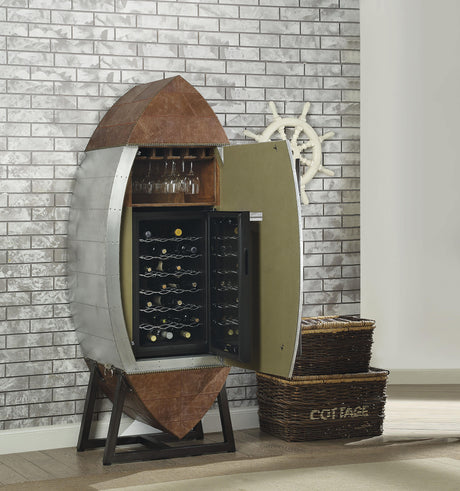 Brancaster Retro Brown Top Grain Leather & Aluminum Wine Cabinet & Cooler - Furniture World