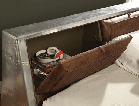 Brancaster Retro Brown Top Grain Leather & Aluminum Queen Bed - Furniture World