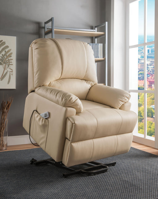 Ixora Beige PU Recliner w/Power Lift & Massage - Furniture World
