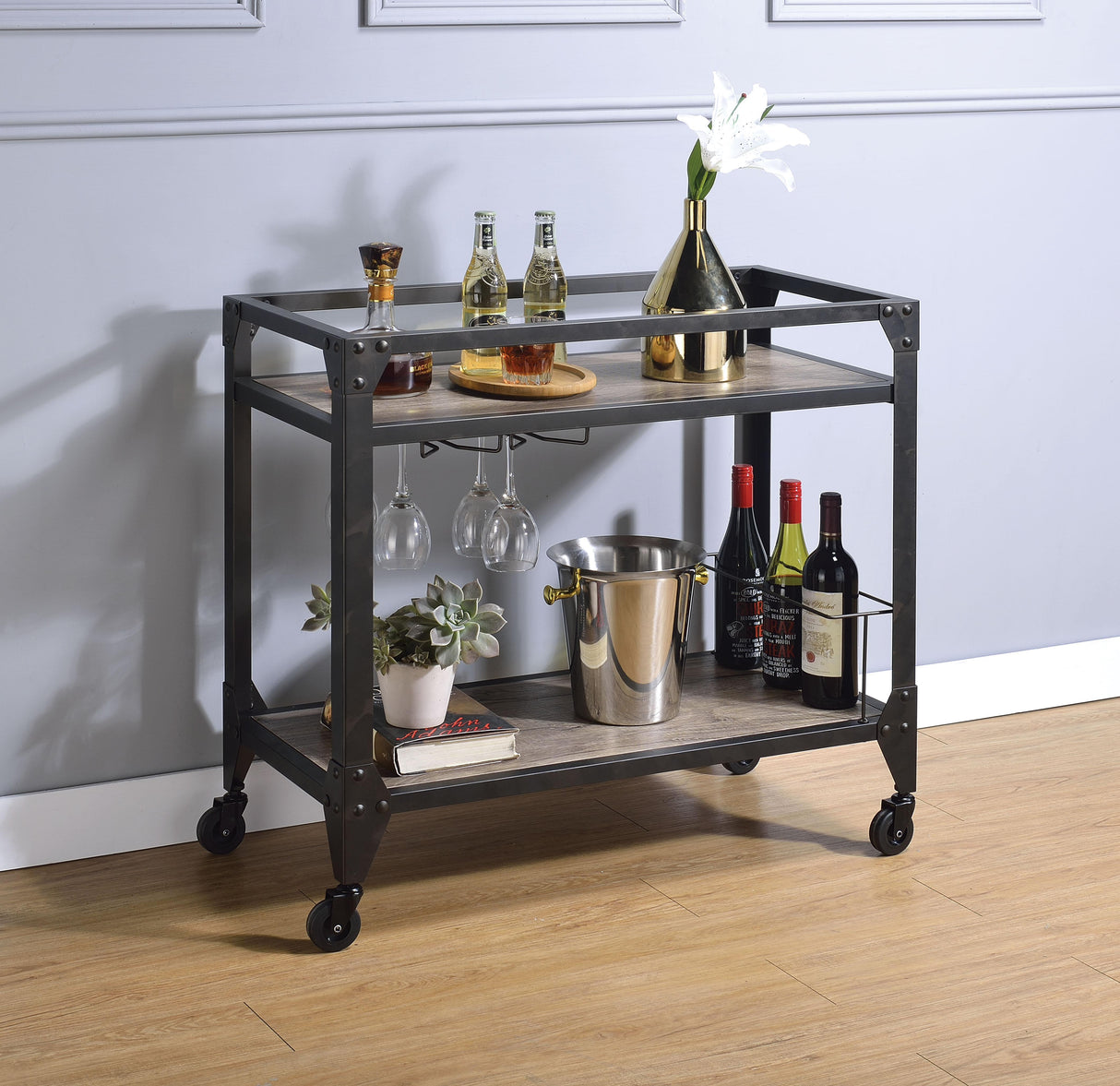 Jorgensen Rustic Oak & Charcoal Serving Cart - Furniture World