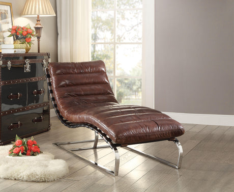 Qortini Vintage Dark Brown Top Grain Leather & Stainless Steel Chaise - Furniture World