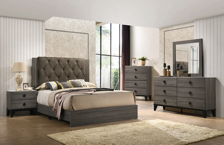 Avantika Fabric & Rustic Gray Oak Eastern King Bed - Furniture World