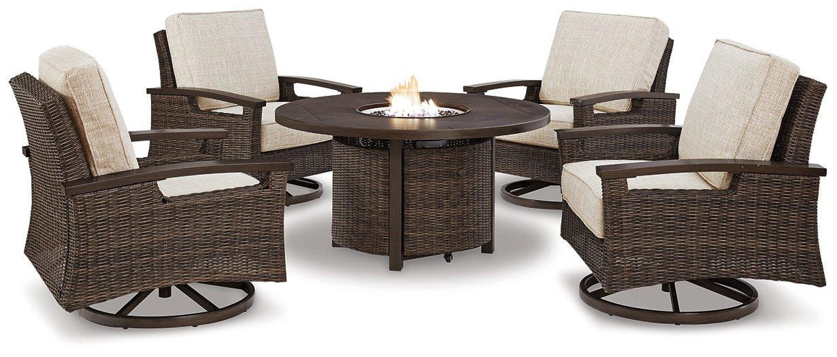 Paradise Trail Paradise Trail Fire Pit Table with 4 Nuvella Swivel Lounge Chairs - Furniture World
