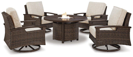 Paradise Trail Paradise Trail Fire Pit Table with 4 Nuvella Swivel Lounge Chairs - Furniture World
