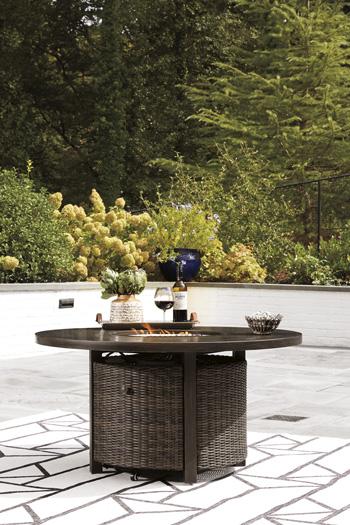 Paradise Trail Paradise Trail Fire Pit Table with 4 Nuvella Swivel Lounge Chairs - Furniture World