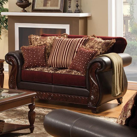 Franklin Burgundy/Espresso Love Seat, Burgundy - Furniture World