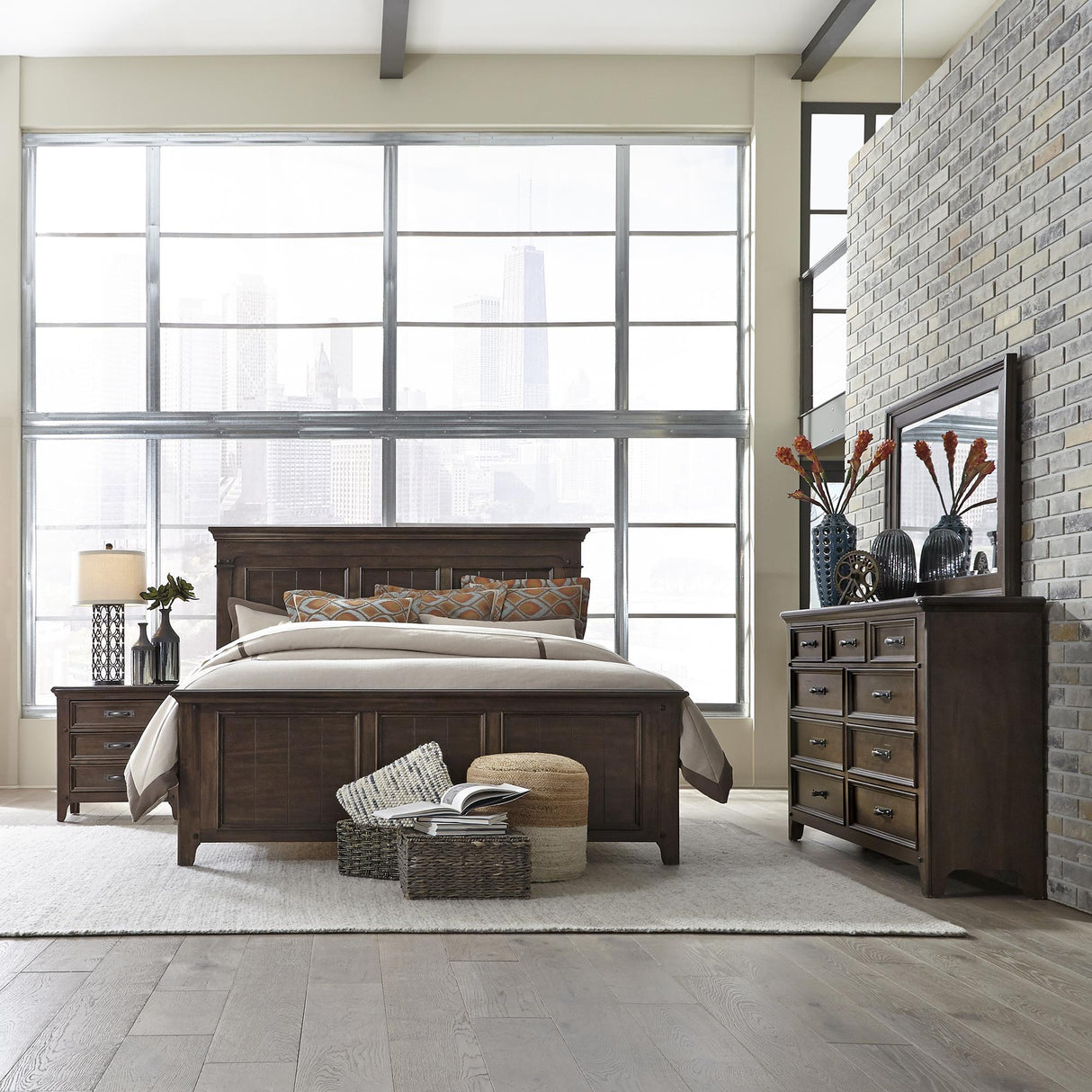 Saddlebrook Queen Panel Bed, Dresser & Mirror, Nightstand - Furniture World