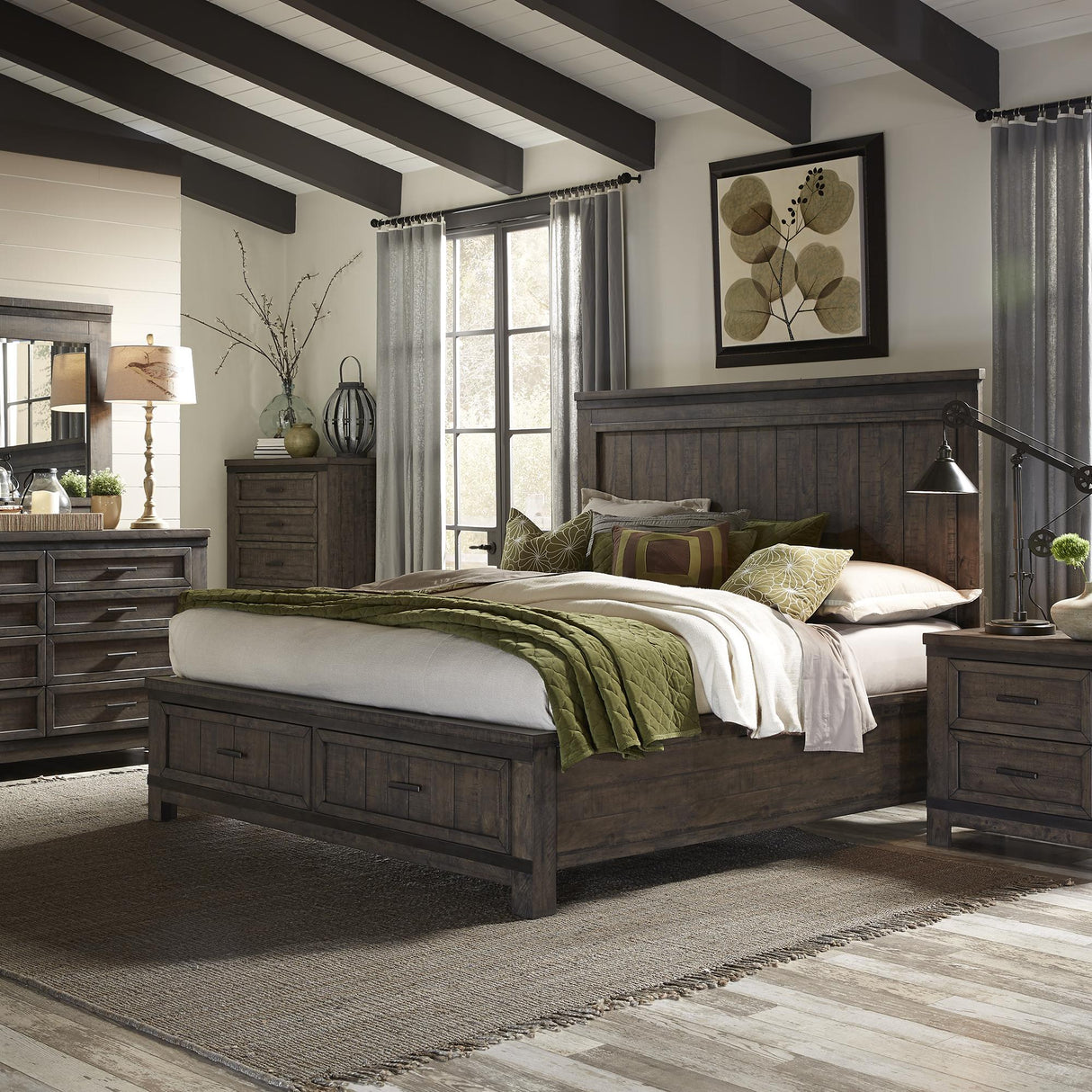Thornwood Hills King Two Sided Storage Bed, Dresser & Mirror, Nightstand - Furniture World