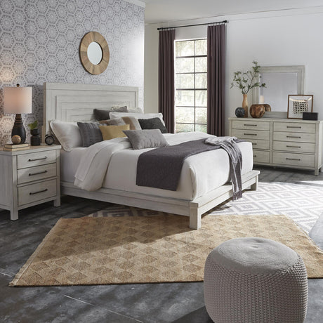Modern Farmhouse Queen Platform Bed, Dresser & Mirror, Night Stand - Furniture World