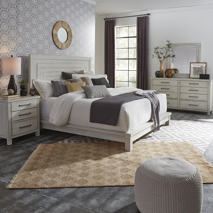 Modern Farmhouse Queen Platform Bed, Dresser & Mirror, Night Stand - Furniture World