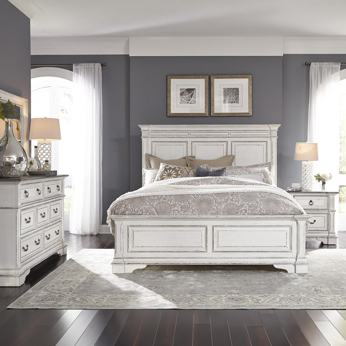 Abbey Park King California Panel Bed, Dresser & Mirror, Nightstand - Furniture World