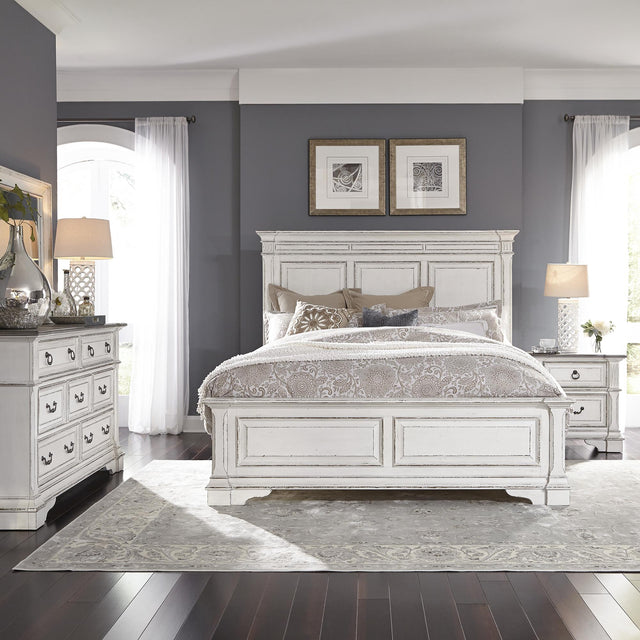 Abbey Park King California Panel Bed, Dresser & Mirror, Nightstand - Furniture World