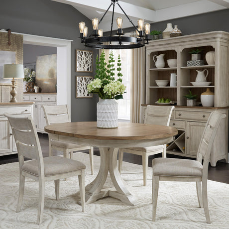 Farmhouse Reimagined Opt 5 Piece Pedestal Table Set - Furniture World