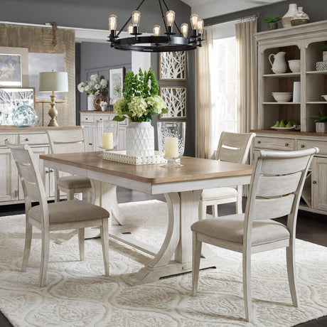 Farmhouse Reimagined Opt 5 Piece Trestle Table Set - Furniture World