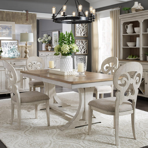 Farmhouse Reimagined 5 Piece Trestle Table Set - Furniture World