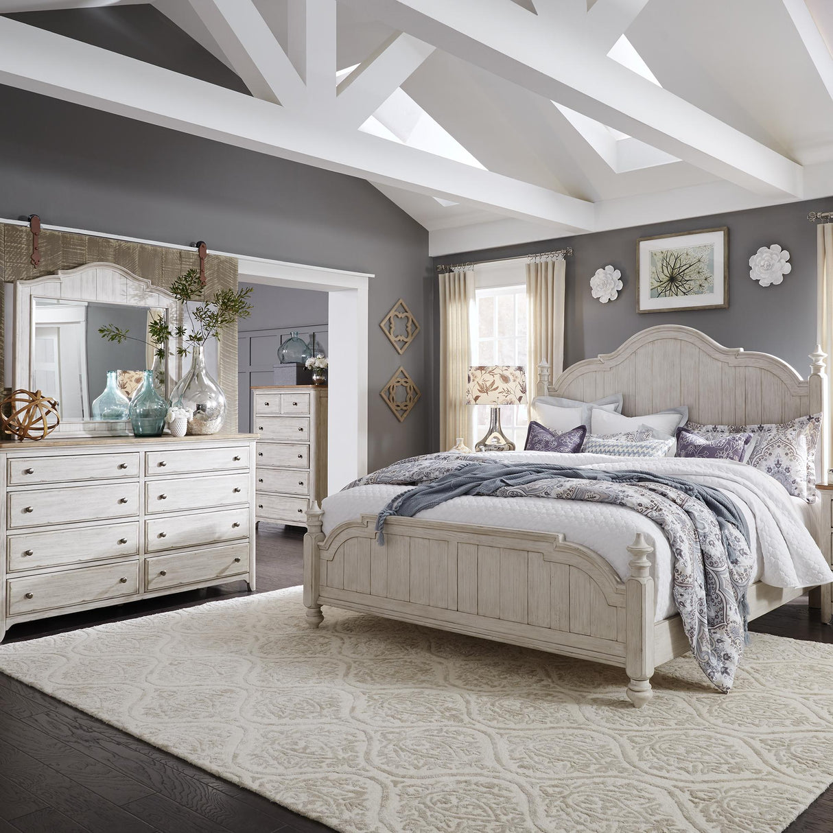 Farmhouse Reimagined Queen Poster Bed, Dresser & Mirror, Chest - Furniture World
