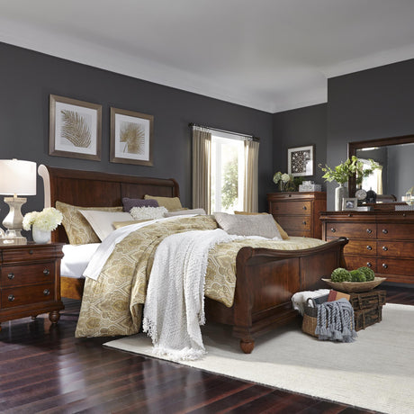 Rustic Traditions King California Sleigh Bed, Dresser & Mirror, Chest, Nightstand - Furniture World