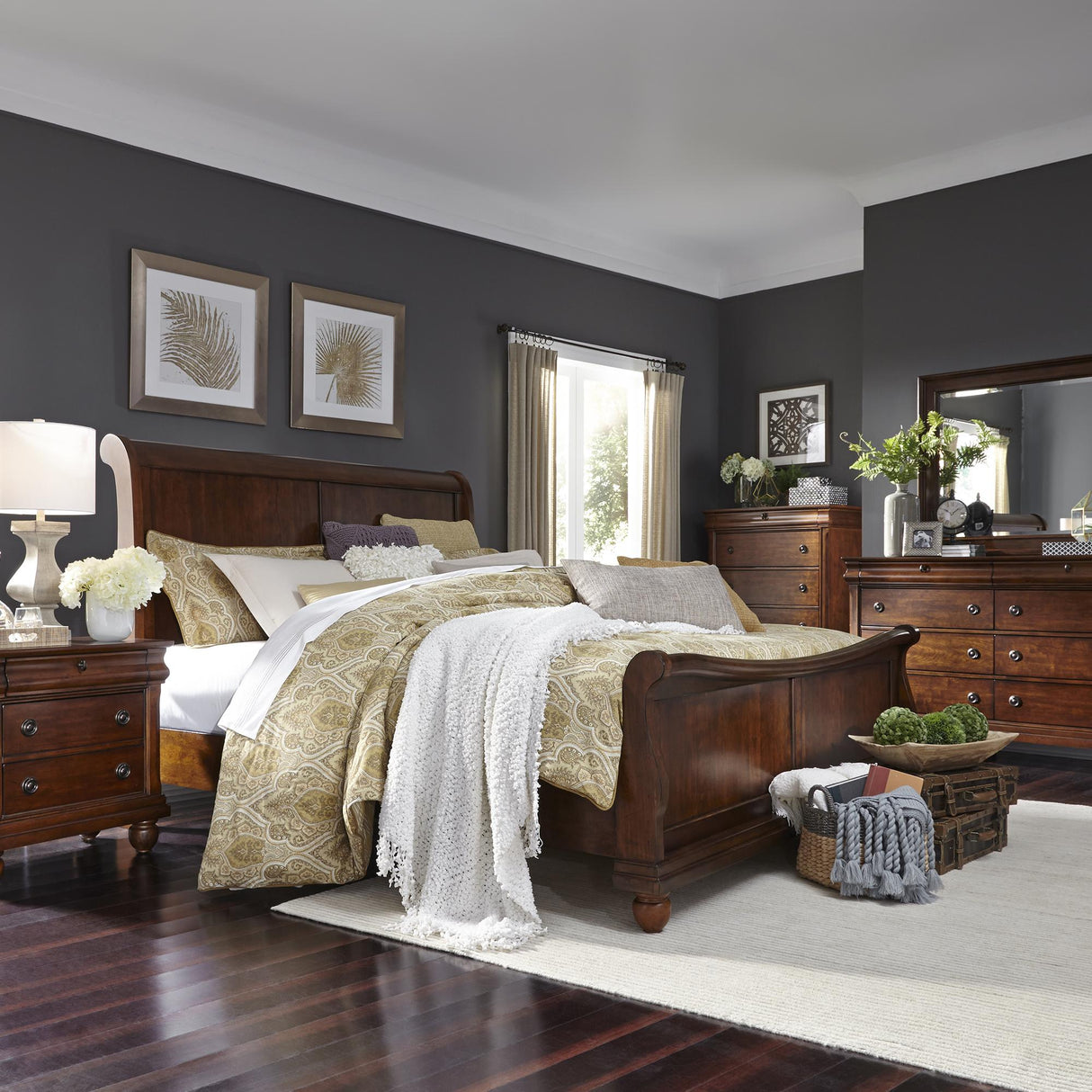 Rustic Traditions Queen Sleigh Bed, Dresser & Mirror, Chest, Nightstand - Furniture World