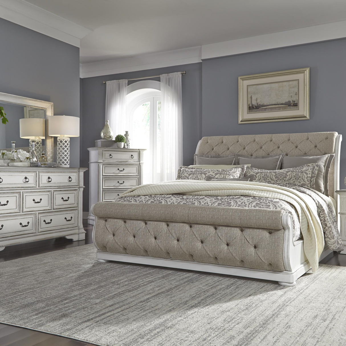Abbey Park Queen Uph Sleigh Bed, Dresser & Mirror, Chest - Furniture World