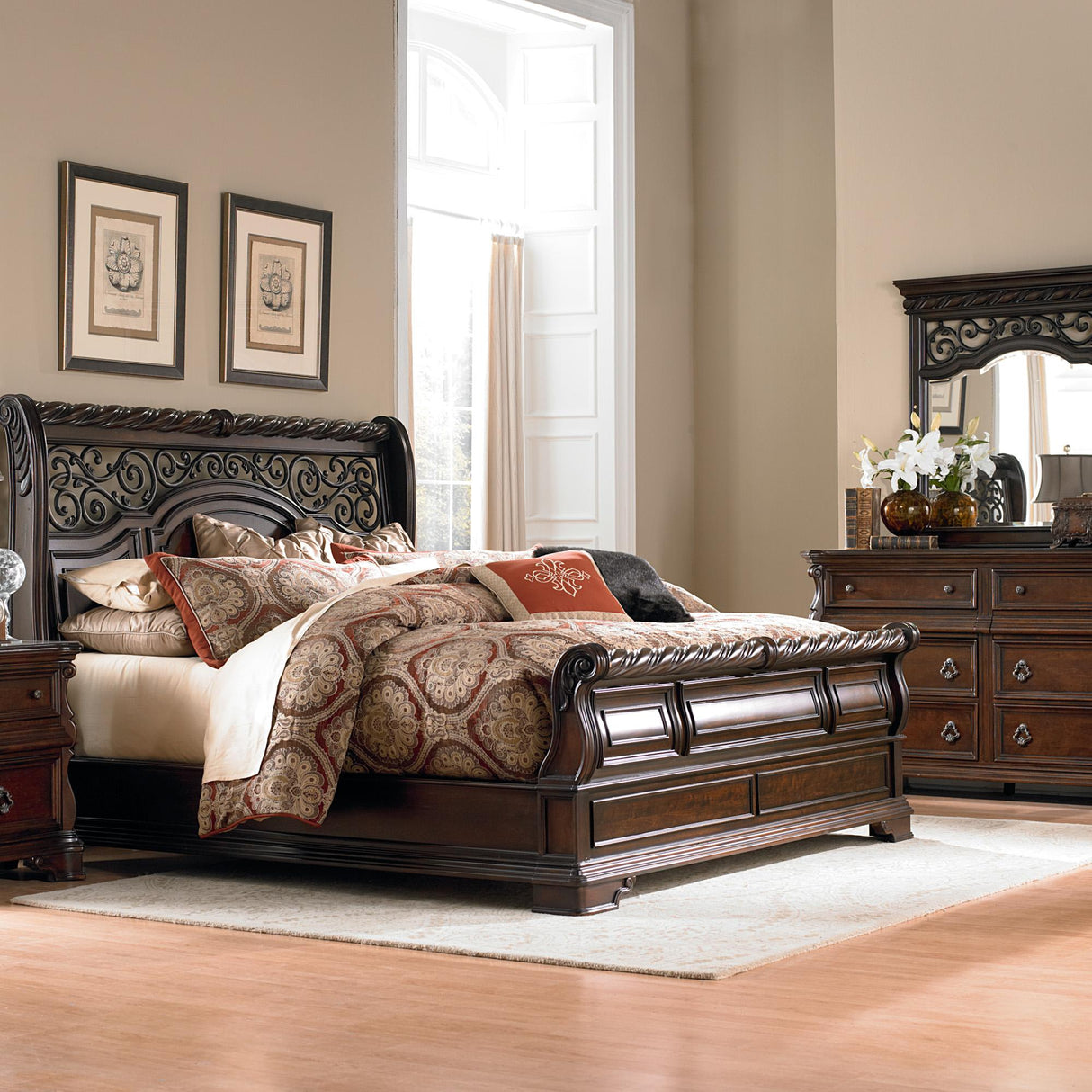 Arbor Place King California Sleigh Bed, Dresser & Mirror, Chest - Furniture World