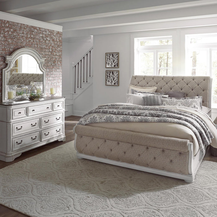 Magnolia Manor King California Upholstered Sleigh Bed, Dresser & Mirror - Furniture World