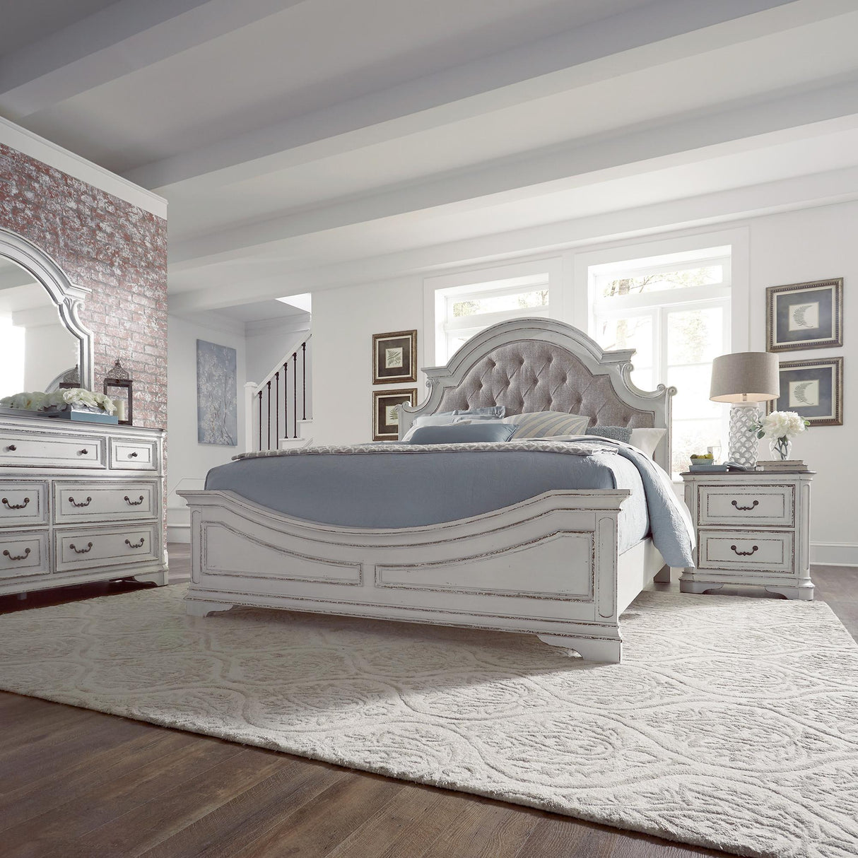 Magnolia Manor King Uph Bed, Dresser & Mirror, Nightstand - Furniture World
