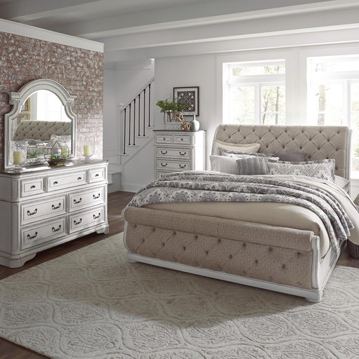 Magnolia Manor King California Upholstered Sleigh Bed, Dresser & Mirror, Chest - Furniture World