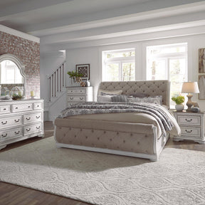 Magnolia Manor King California Upholstered Sleigh Bed, Dresser & Mirror, Chest, Nightstand - Furniture World