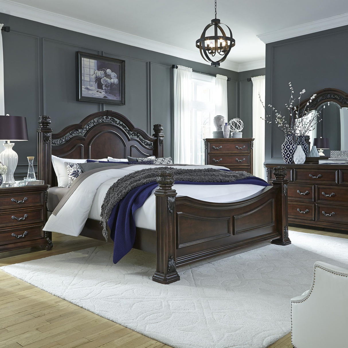 Messina Estates Queen Poster Bed, Dresser & Mirror, Nightstand - Furniture World