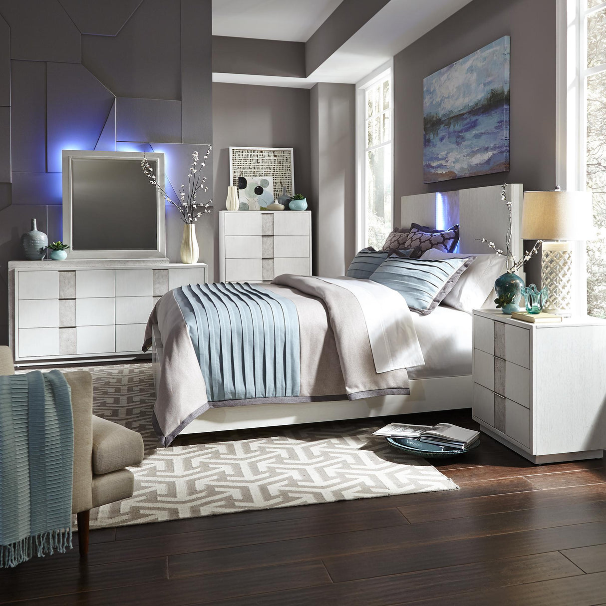 Mirage Queen Panel Bed, Dresser & Mirror, Chest, Nightstand - Furniture World